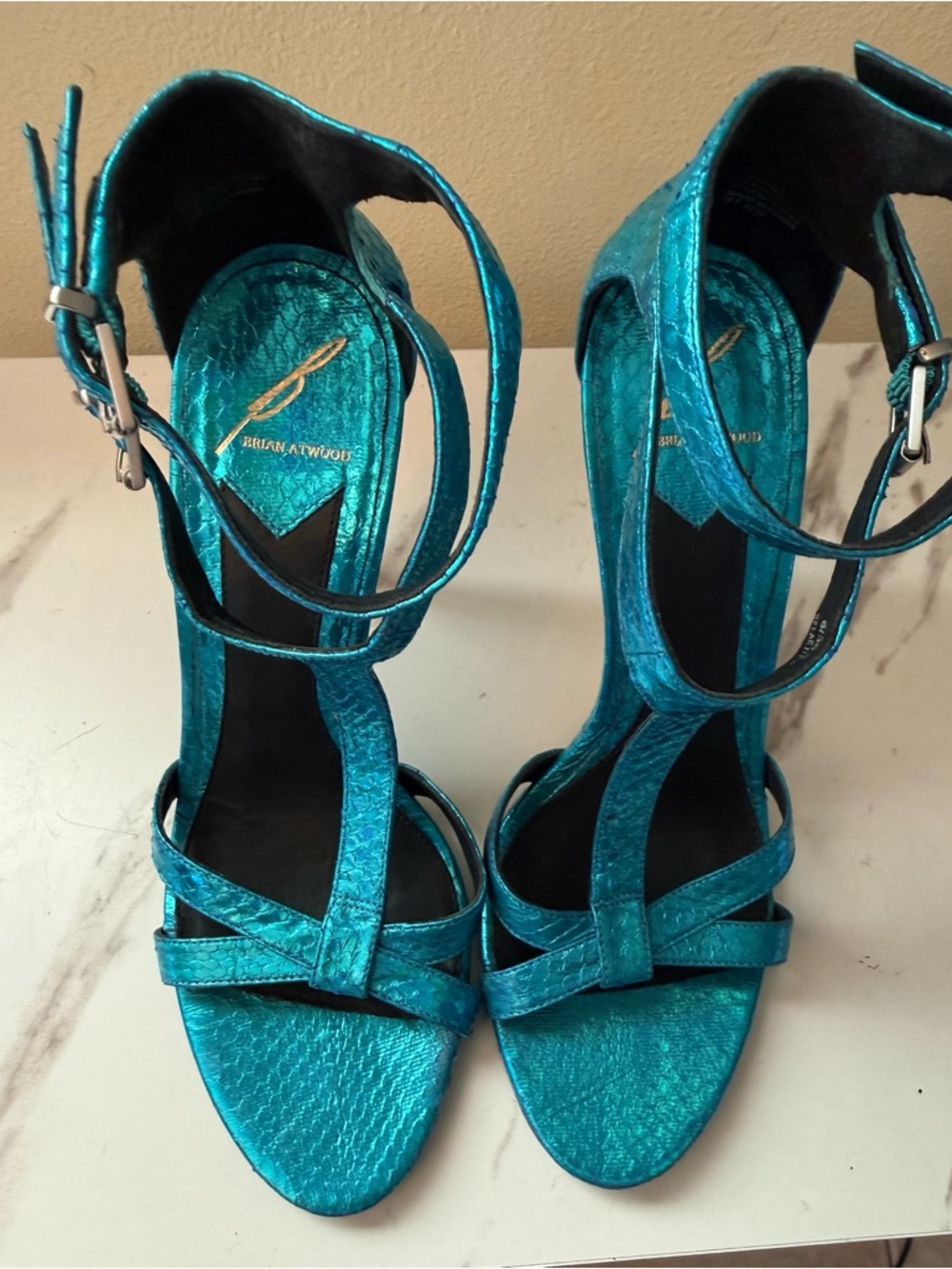 Brian Atwood Laetitia Turquoise Metallic Strappy Stiletto Sandals, GUC, Size 8 - Picture 5 of 14